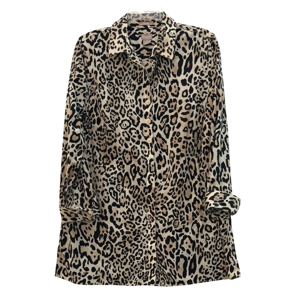 Chicos No Iron Leopard Button Front Shirt Tunic Tan Black Size 2 Large 12/14